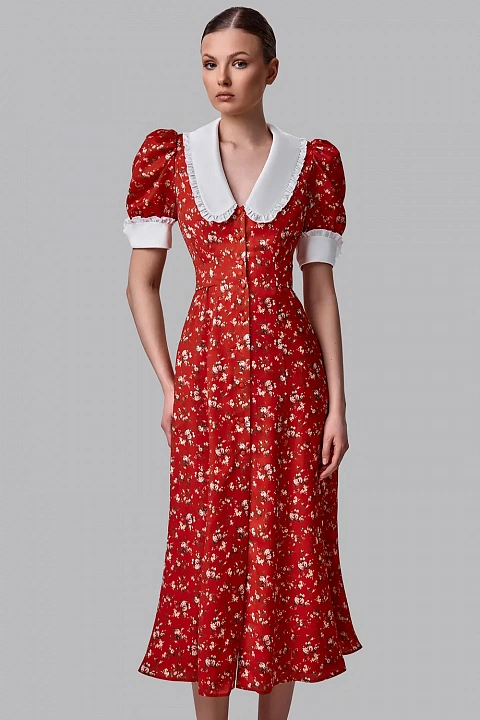 Платье миди с авторским принтом и акцентным воротником