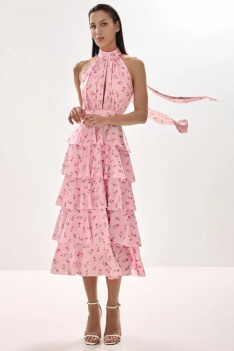 Платье миди с ярусной юбкой и эксклюзивным принтом