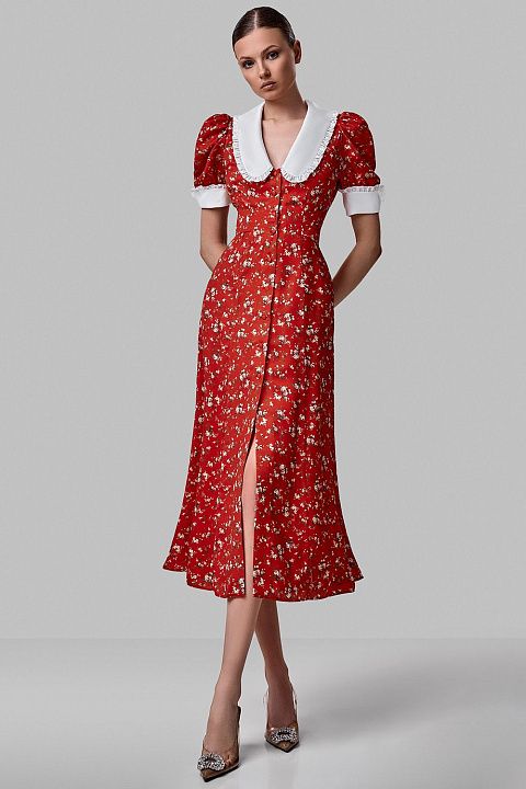 Платье миди с авторским принтом и акцентным воротником