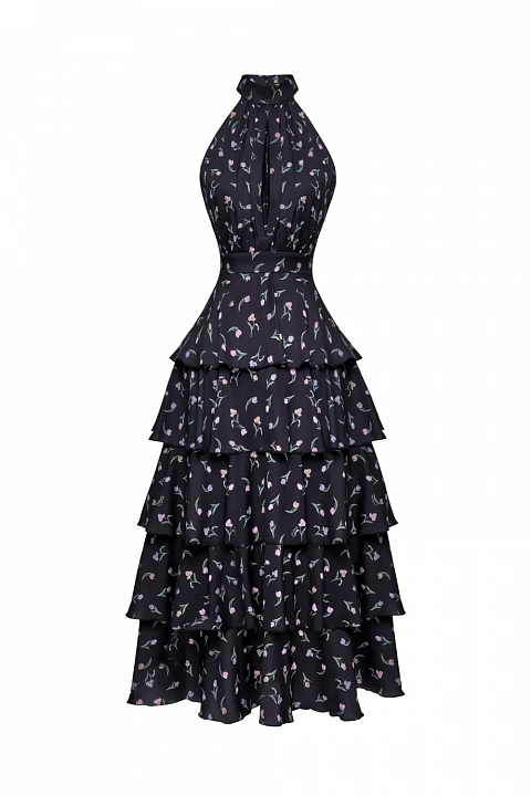 Платье миди с ярусной юбкой и эксклюзивным принтом