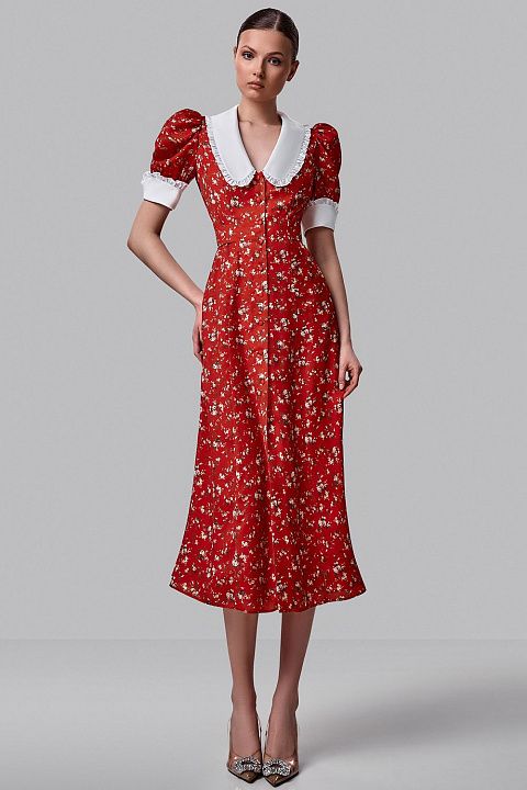 Платье миди с авторским принтом и акцентным воротником