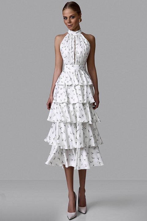 Платье миди с ярусной юбкой и эксклюзивным принтом